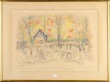 painting of a group of people standing in front of a house