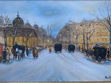 painting of a street scene with a horse drawn carriage in the middle of the street