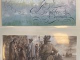 two paintings of people standing in front of a map and a picture of a ship