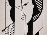 a black and white drawing of a woman ' s face