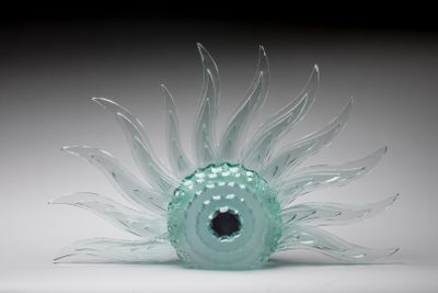 une sculpture en verre représentant une urne marine posée sur une surface blanche