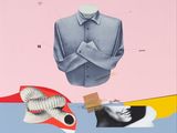 une image représentant un collage composé d'une chemise d'homme, d'un poisson et d'autres objets