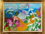 an oil painting of flowers and a butterfly in a gold frame