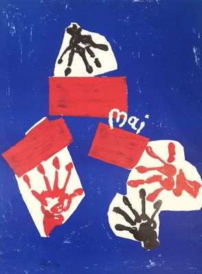 three handprints of people on a blue background with red and white paper