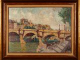 une peinture à l'huile représentant un pont sur une rivière avec un bâtiment à l'arrière-plan