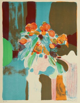une image d'une peinture de fleurs dans un vase sur une table