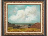 an oil painting on canvas of a landscape with trees and clouds