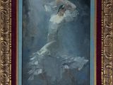 an oil painting of a woman in a white dress in a gold frame