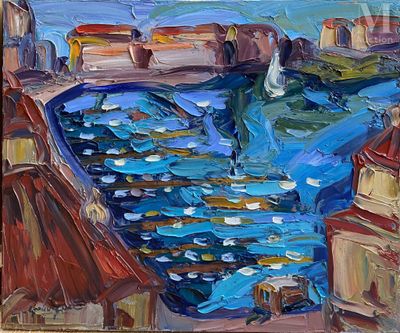 une peinture à l'huile représentant une vue d'un port avec des bateaux sur l'eau