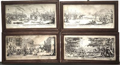 four framed pictures of a painting of a city with people in it