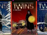 three books that are on a shelf in the room