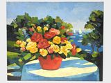 a painting of a vase of flowers on a table