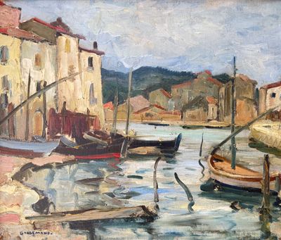 painting of boats in a harbor with buildings in the background