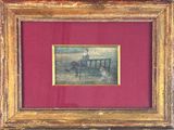 painting of a man sitting on a bench with a dog in front of him