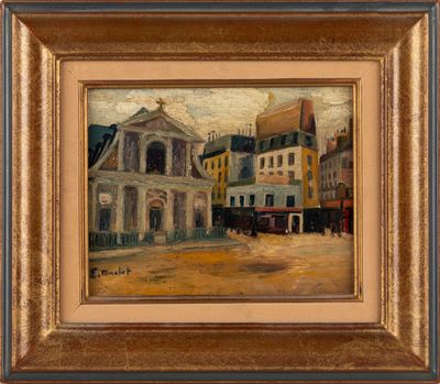 une peinture à l'huile représentant une scène de rue avec des bâtiments et une calèche