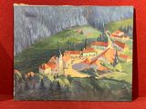 tableau représentant un village situé sur une colline, avec des arbres et des collines en arrière-plan