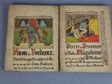an old book with two illustrations of a knight and a woman