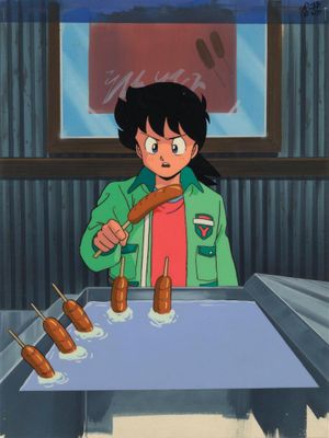 dessin représentant une femme tenant un hot-dog sur un bâtonnet devant un plateau de hot-dogs