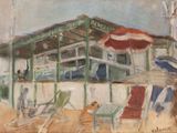 a painting of a beach scene with people and umbrellas