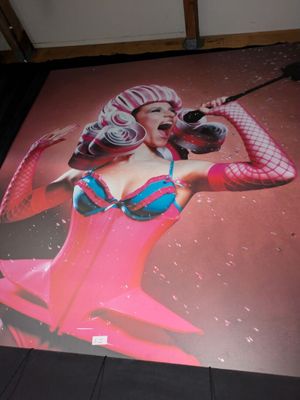 une photo d'une femme vêtue d'une robe-corset rose, allongée par terre