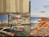 two pictures of boats are on a shelf next to a wall