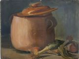a painting of a pot and some vegetables on a table