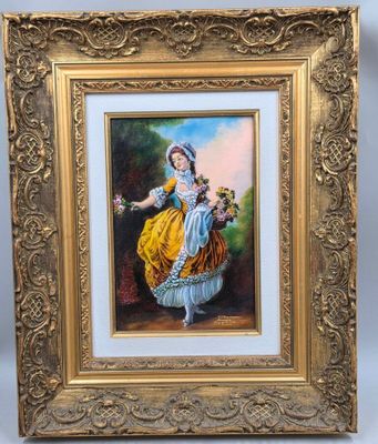 un tableau représentant une femme en robe jaune tenant des fleurs