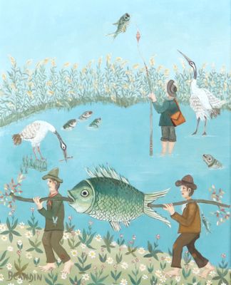 un tableau représentant un garçon et une fille en train de pêcher avec un poisson