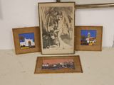 three framed pictures of a man and a woman on a table