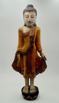 ASIE. Bouddha debout. Statue en bois polychrome et incrustat…