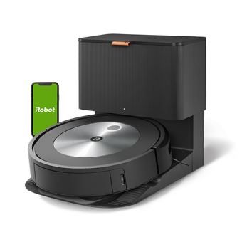un aspirateur robot noir avec un écran vert à côté