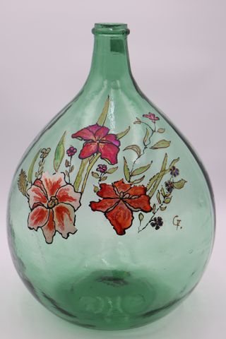 Bonbonne dame jeanne en verre à décor peint de fleurs H : 45 D : ...