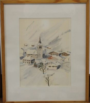 framed watercolor painting of a village in the snow with a church in the background
