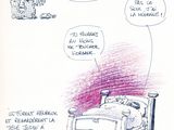 drawing of a bed with a drawing of a person sitting on it and a drawing of a person sitting in a chair