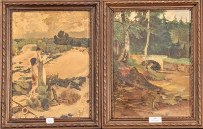 deux tableaux représentant un homme et une femme dans un paysage