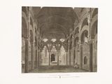 a black and white photo of a church with arches