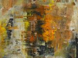 une peinture abstraite représentant un arbre aux couleurs orange et jaune au milieu d'un champ