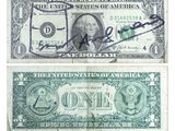 an image of a one dollar bill with a signature on it