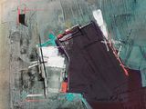 abstract painting of a building with a red roof and a blue sky