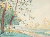 une aquarelle représentant des personnes marchant sur un sentier au bord de l'eau