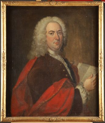 a painting of a man in a red coat holding a book
