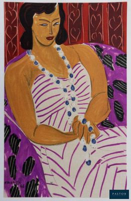 tableau représentant une femme en robe blanche assise sur un canapé violet