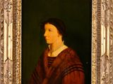 portrait of a woman in a red dress in a gold frame