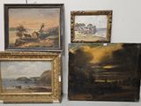 trois tableaux encadrés représentant un paysage, une rivière et un village