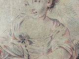 an old drawing of a woman sitting on a chair with a flower in her hand