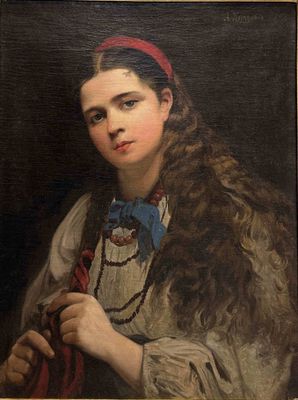 Portrait d'une jeune femme portant une coiffe rouge, par [auteur inconnu]