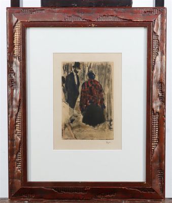 a painting of a man and a woman in a red dress