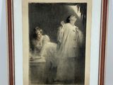 une vieille photo représentant une femme et un chien dans une pièce