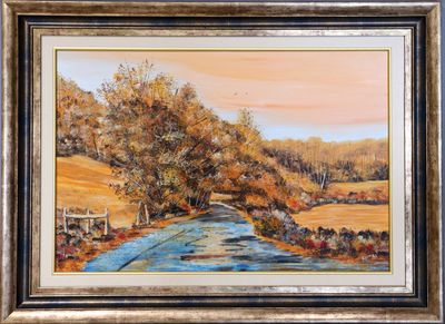 an oil painting of a country road with trees in the background