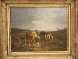 tableau représentant un groupe de vaches paissant dans un champ au bord d'un ruisseau